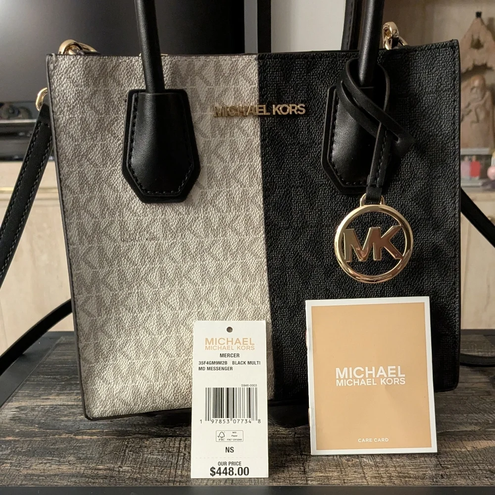 Michael Michael Kors Black and Tan Mercer Mini Messanger Bag - Picture 1 of 8